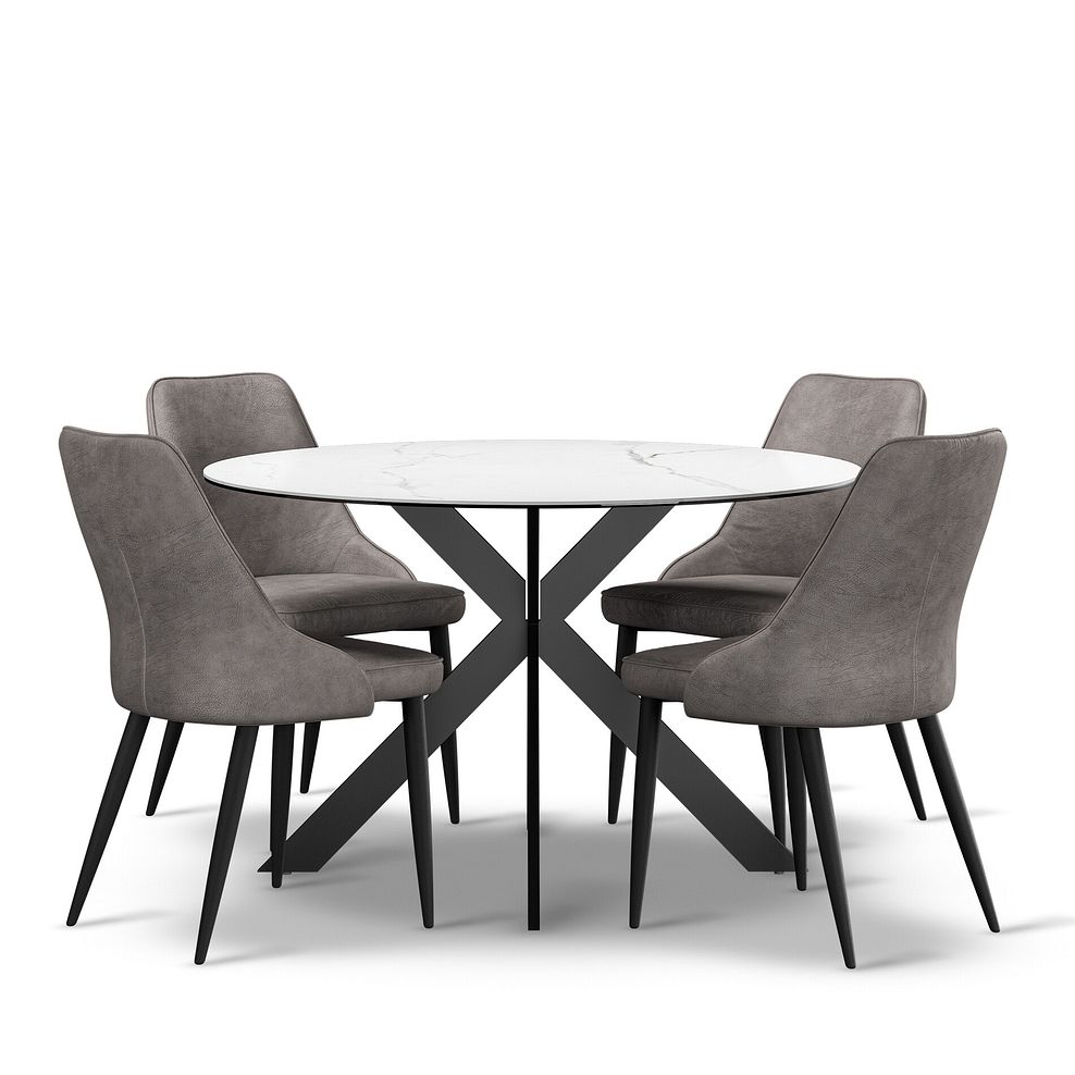 Venice White Ceramic Round Dining Table + 4 Aria Dining Chairs in Dark Grey with Black Metal Legs 1