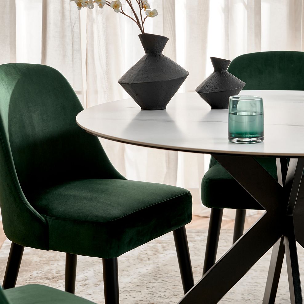 Venice White Ceramic Round Dining Table + 4 Bette Chairs with Black Legs in Heritage Bottle Green Velvet 3