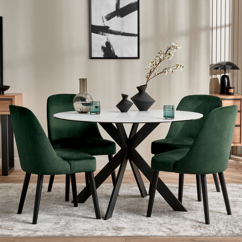 Venice White Ceramic Round Dining Table + 4 Bette Chairs with Black Legs in Heritage Bottle Green Velvet 1