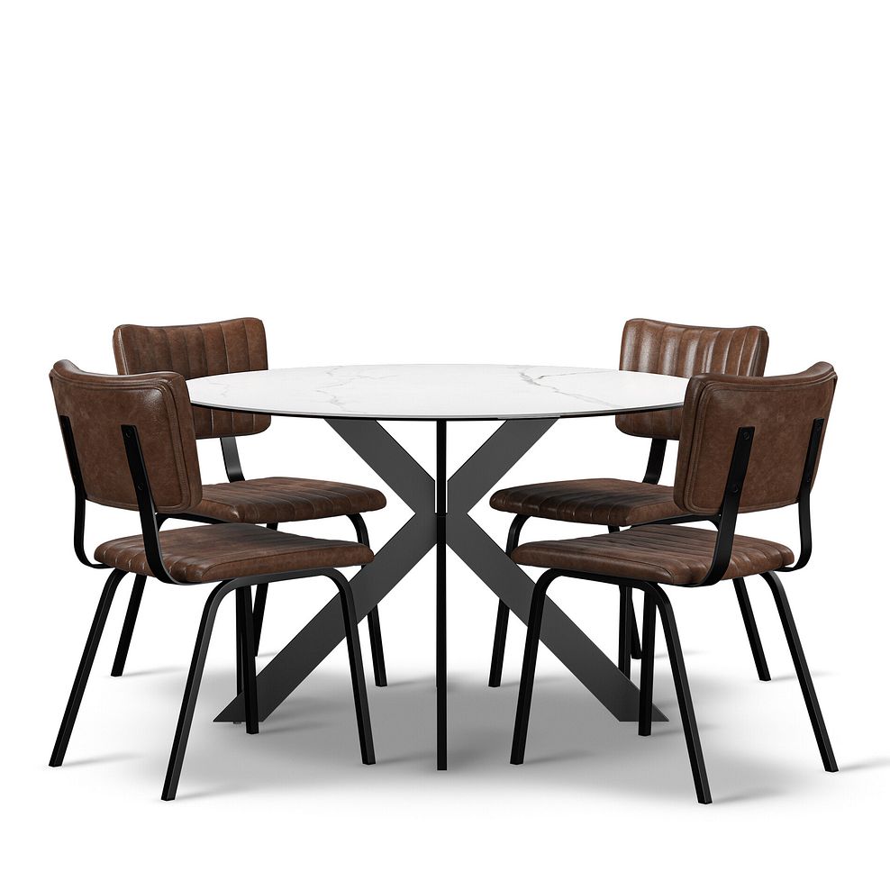 Venice White Ceramic Round Dining Table + 4 Mason Chairs Vintage Brown Leather-Look fabric with Black Legs 1