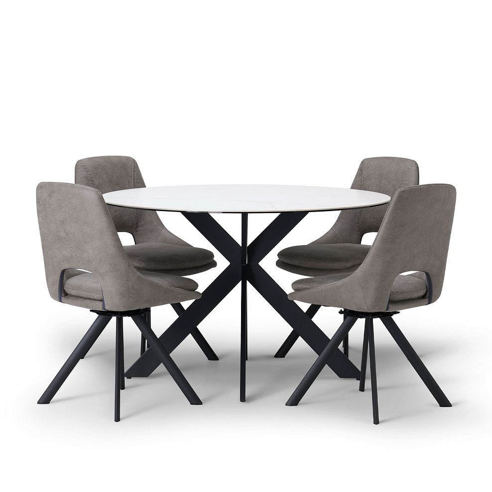 Venice White Ceramic Round Dining Table + 4 Nico Swivel Dining Chairs in Dark Grey with Black Metal Legs 2