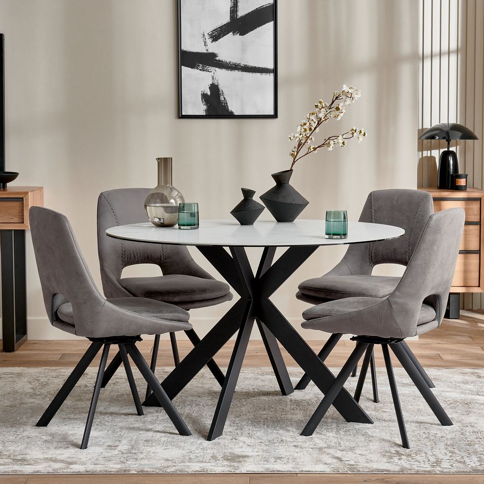 Venice White Ceramic Round Dining Table + 4 Nico Swivel Dining Chairs in Dark Grey with Black Metal Legs 1