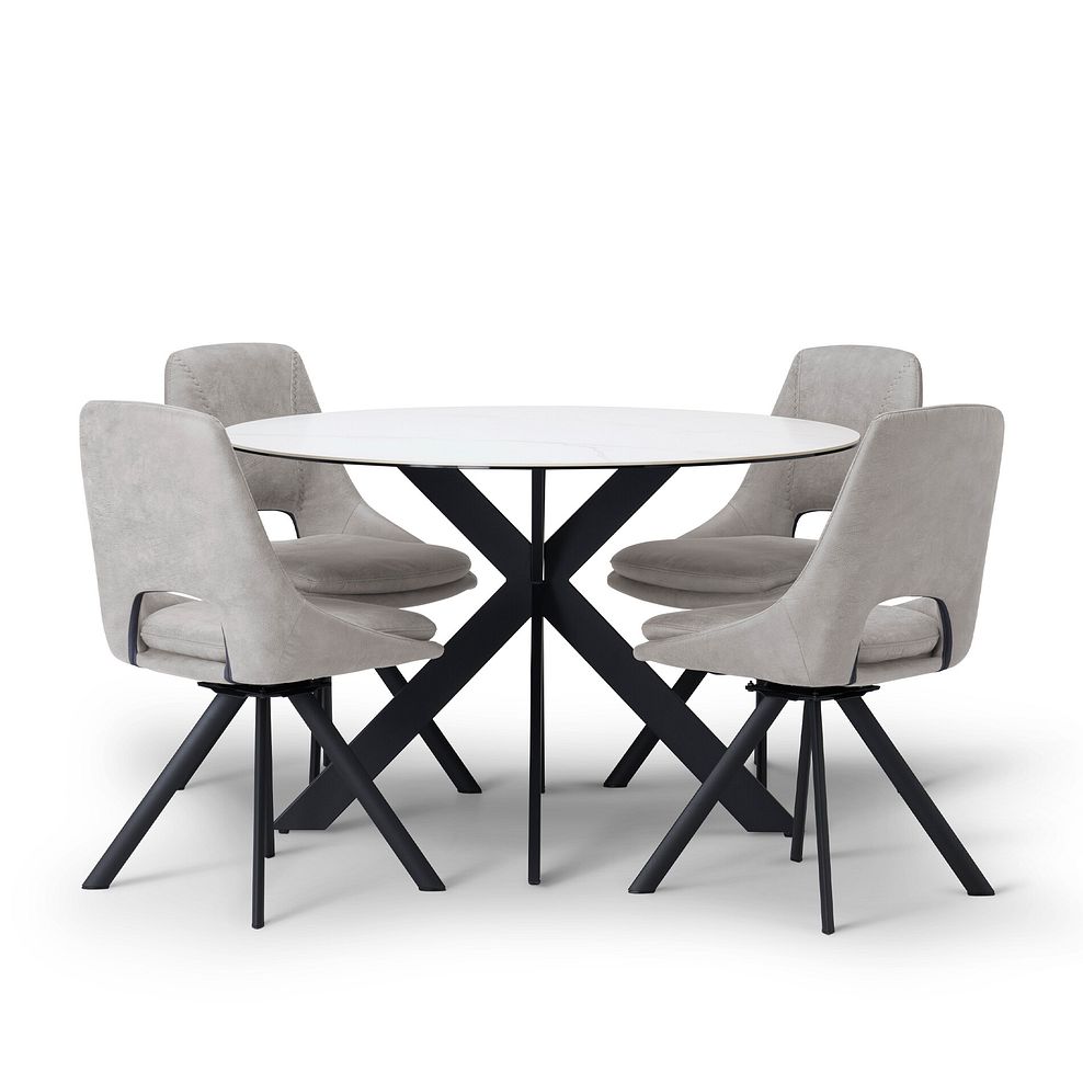 Venice White Ceramic Round Dining Table + 4 Nico Swivel Dining Chairs in Light Grey with Black Metal Legs 2