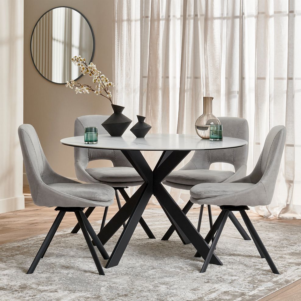 Venice White Ceramic Round Dining Table + 4 Nico Swivel Dining Chairs in Light Grey with Black Metal Legs 1