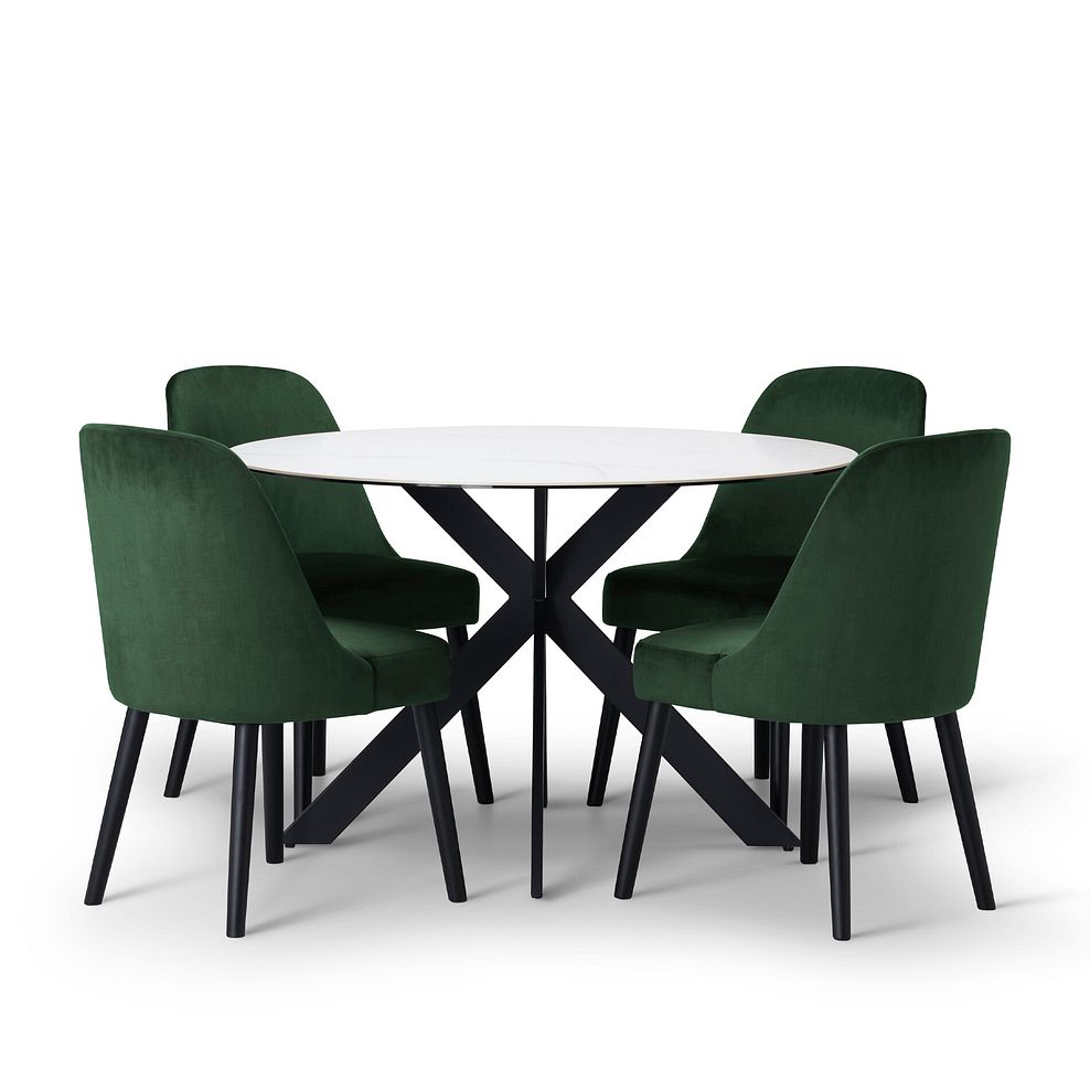 Venice White Ceramic Round Dining Table + 4 Bette Chairs with Black Legs in Heritage Bottle Green Velvet 3