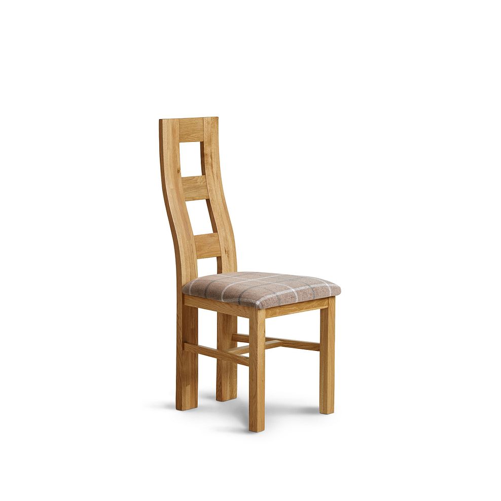 Wave Back Natural Solid Oak Chair with Checked Beige Fabric Seat 1