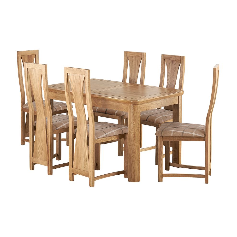 Romsey Natural Solid Oak Extending Table and 6 Waterfall Chairs with Checked Latte Fabric Seats Thumbnail 1