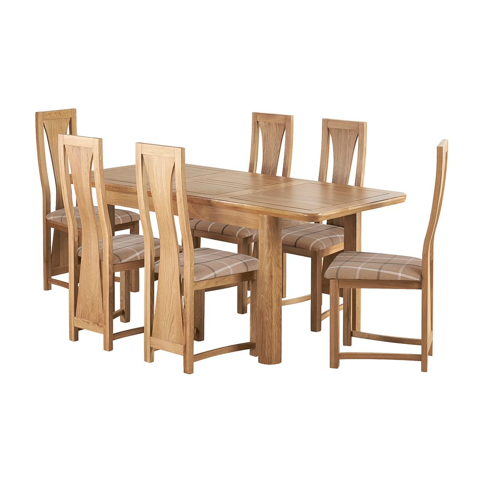 Romsey Natural Solid Oak Extending Table and 6 Waterfall Chairs with Checked Latte Fabric Seats 2